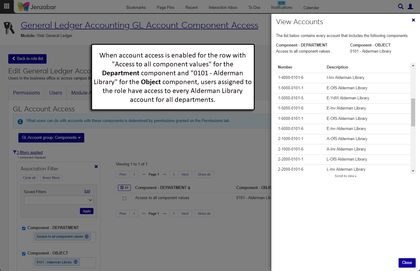 The Associations tab of the General Ledger Accounting GL Account Component Access role with the Department "Access to all component values" option selected for a specified Object component.