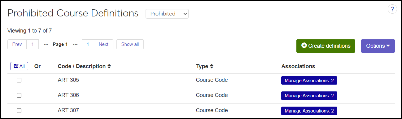 Prohibited Course Definitions page showing definitions for Art 305, 306, and 307