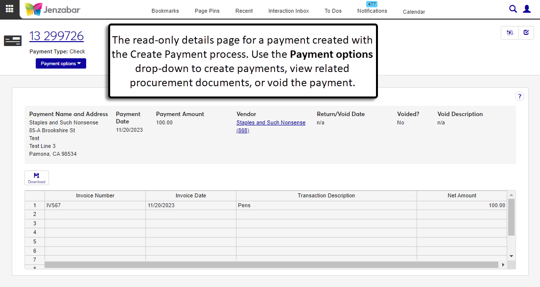 The payment details page for payments created via the J1 Create Payment process with payment information at the top of the page and invoice/transaction details in the spreadsheet at the bottom of the page.