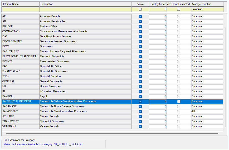 Document Storage Setup window, Document Category tab open