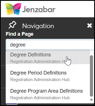 The Navigation panel showing the Find a Page field. The word "degree" is entered, and several results appear.