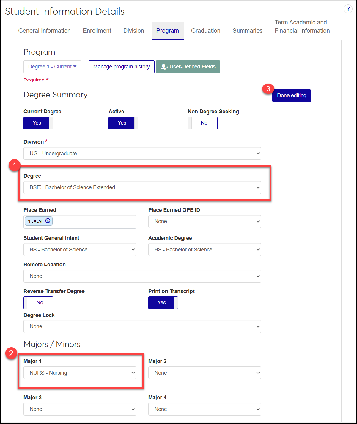 Student Information page, Program tab. The Bachelor of Science Extended degree and the Nursing Major are added