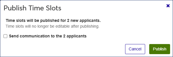 Publish Time Slots pop-up window