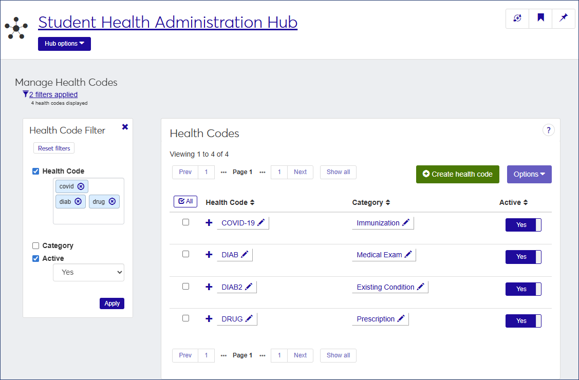 Manage Health Codes page