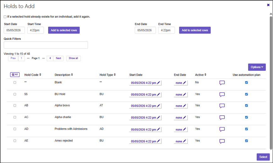 J1 Web Mass Add Remove Delete Holds process showing the Holds to Add pop-up window.