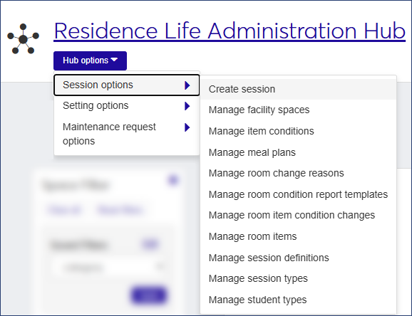 Residence Life Administration Hub - Session options menu