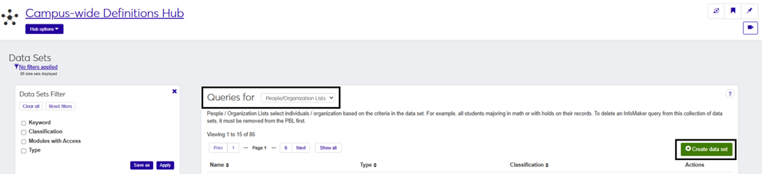 J1 WebCampus-Wide Definitions Hub with focus on selecting the People/Organizations option from Queries for list.