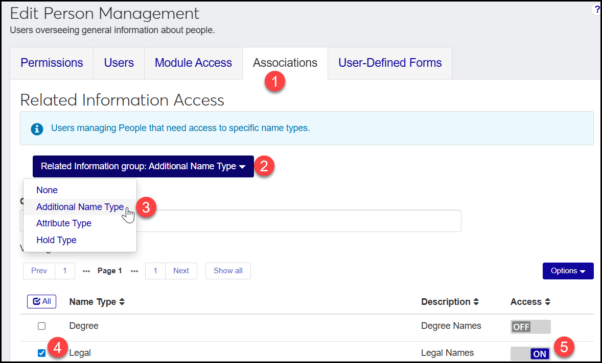 The Edit Person Management page, Associations tab showing the Related Information Group drop-down with Additional Name Type selected. Then the Legal and Transcript checkboxes are selected, and the Access button for each is set to ON.