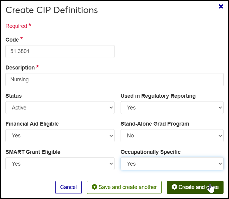 Create CIP Definitions pop-up showing the Nursing CIP being created