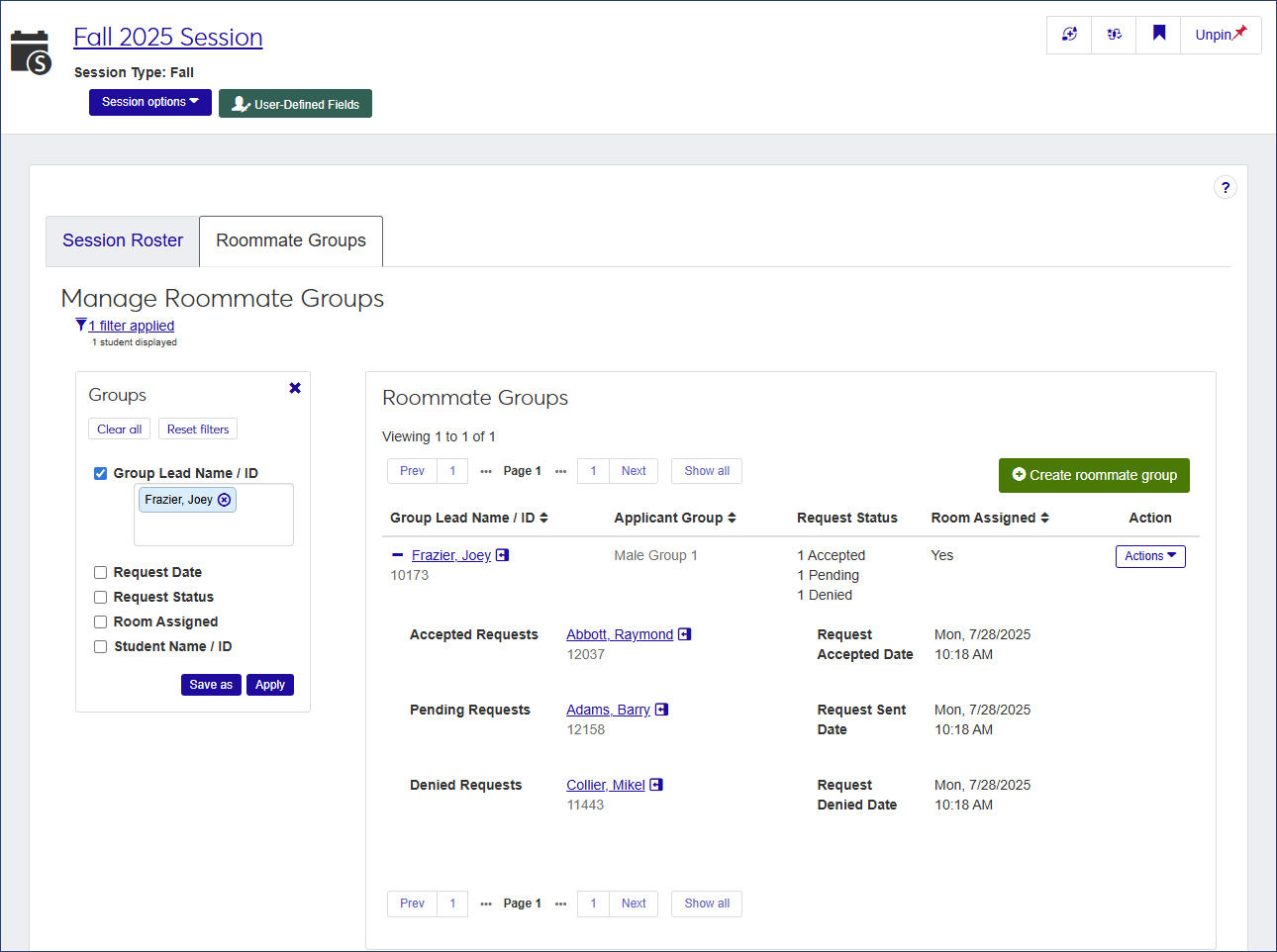 Roommate Groups tab accessed from the Manage Session Roster page