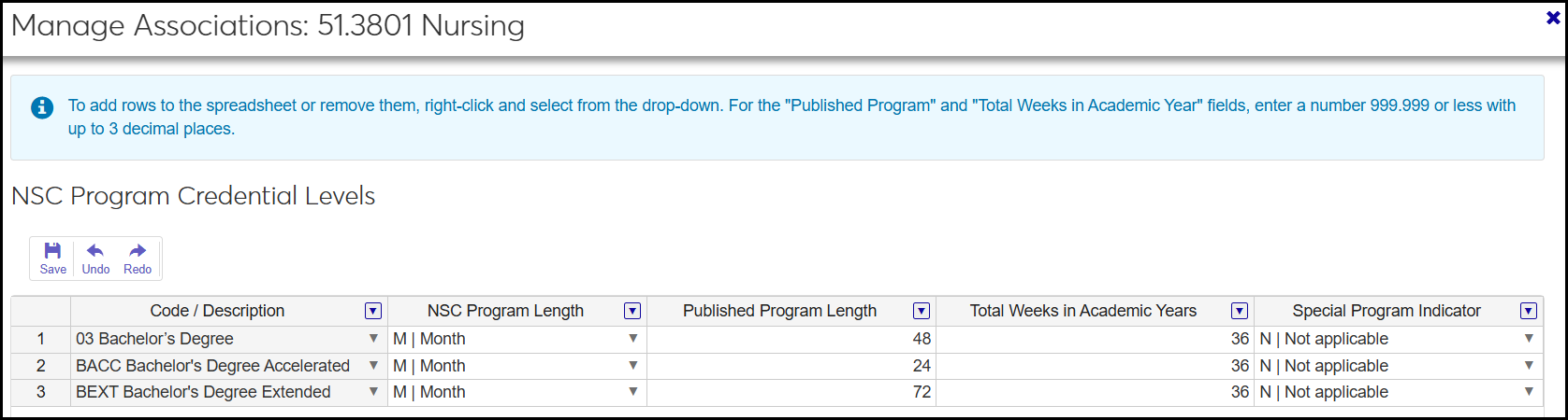 CIP Definitions page, Manage Associations,NSC Program Credential Levels showing 3 different time options for a BS in Nursing