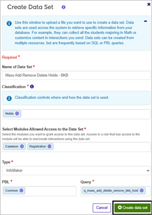 J1 Web Mass Add Remove Delete Holds Process Creating a data set to use with InfoMaker.