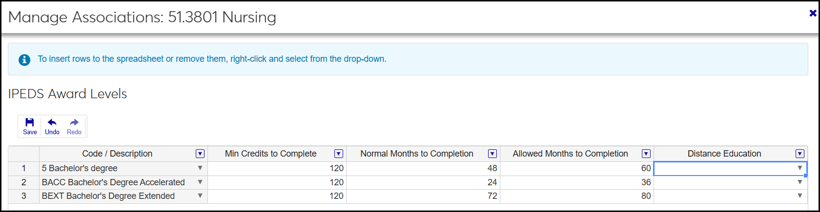CIP Definitions page, Manage Associations, IPEDS Award Levels showing 3 different time options for a BS in Nursing