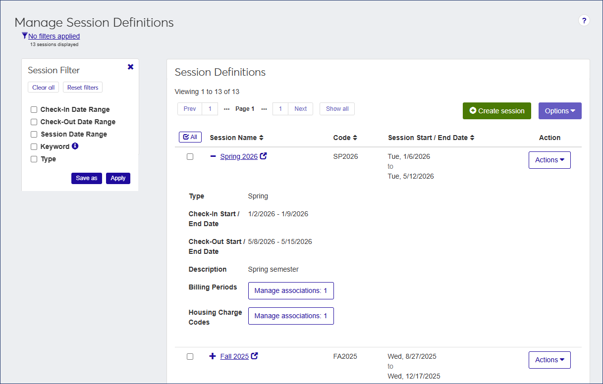 Manage Session Definitions page