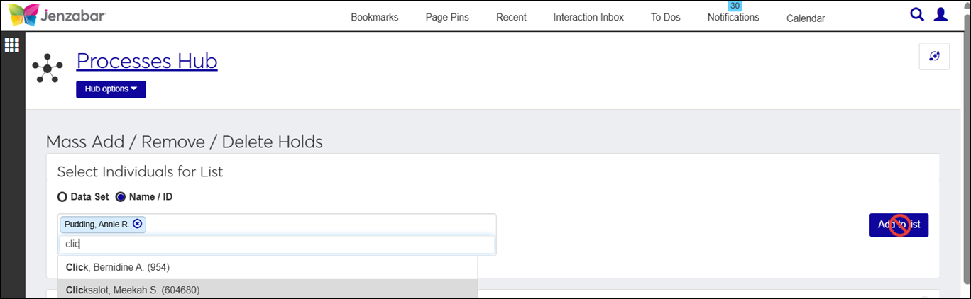 J1 Web Mass Add/Remove/Delete Holds Process page showing the Select Individuals for List section using a search for a Name or ID Number. The Add to List button is disabled.