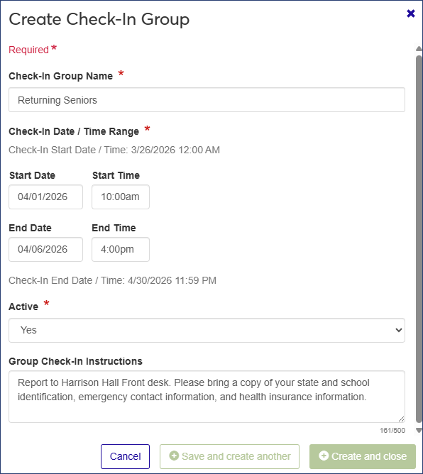 Create Check-In Group window - completed