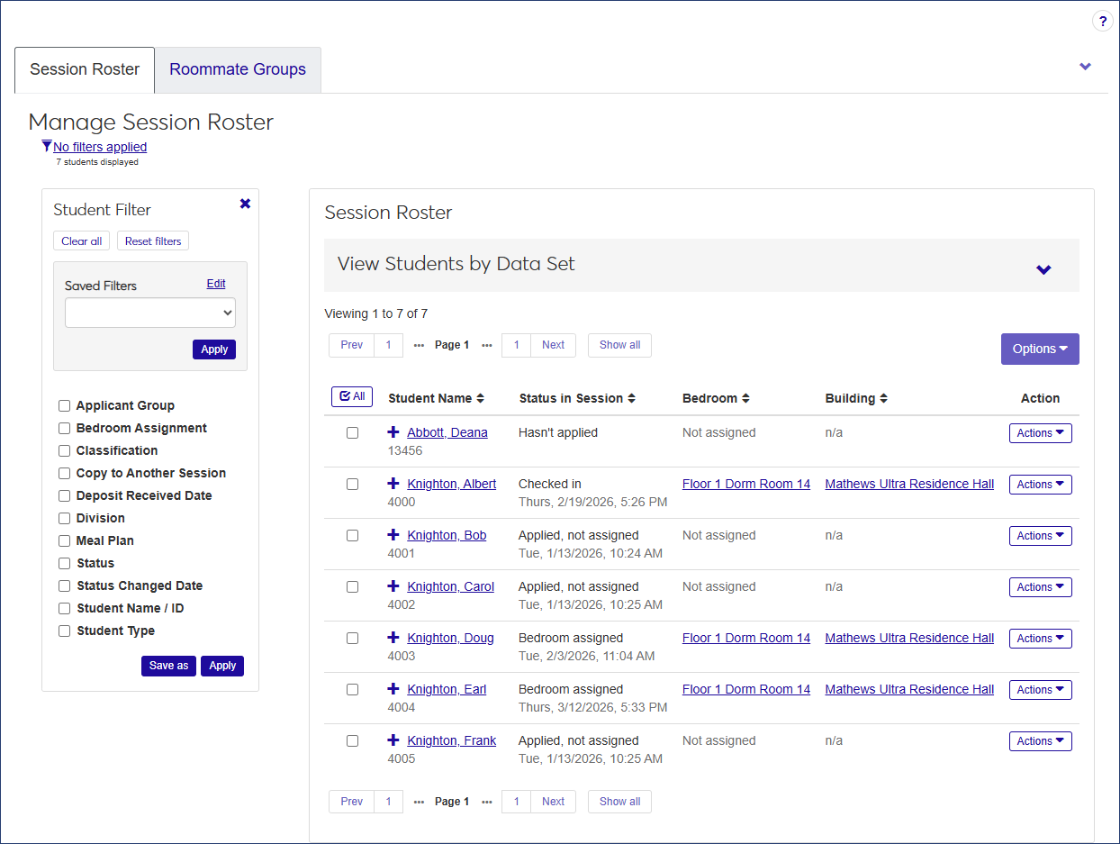 Manage Session Roster page - Session Roster tab
