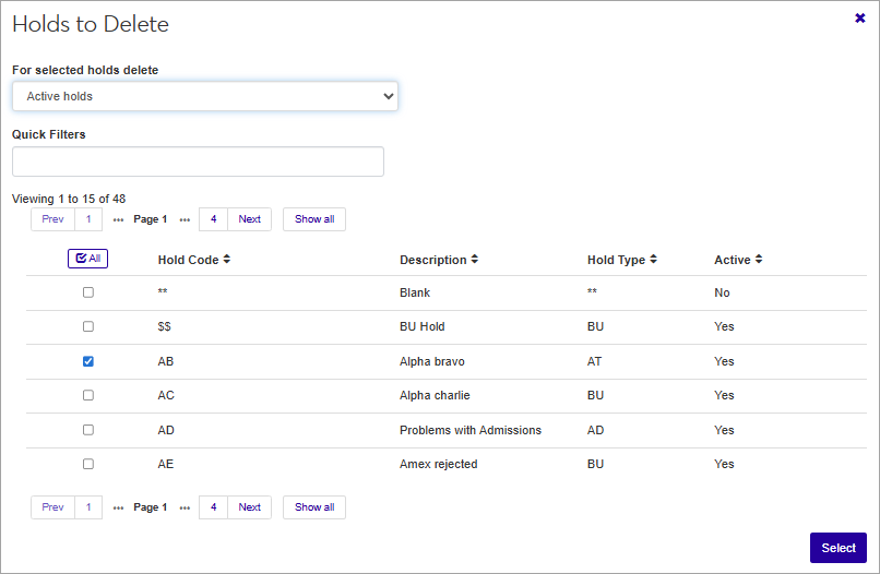 J1 Web Mass Add Remove Delete Holds process showing the Holds to Remove pop-up window.