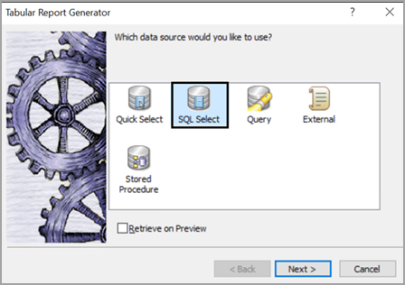 The Tabular Report Generator pop-up window to create a SQL Select InfoMaker report connect toa data set.