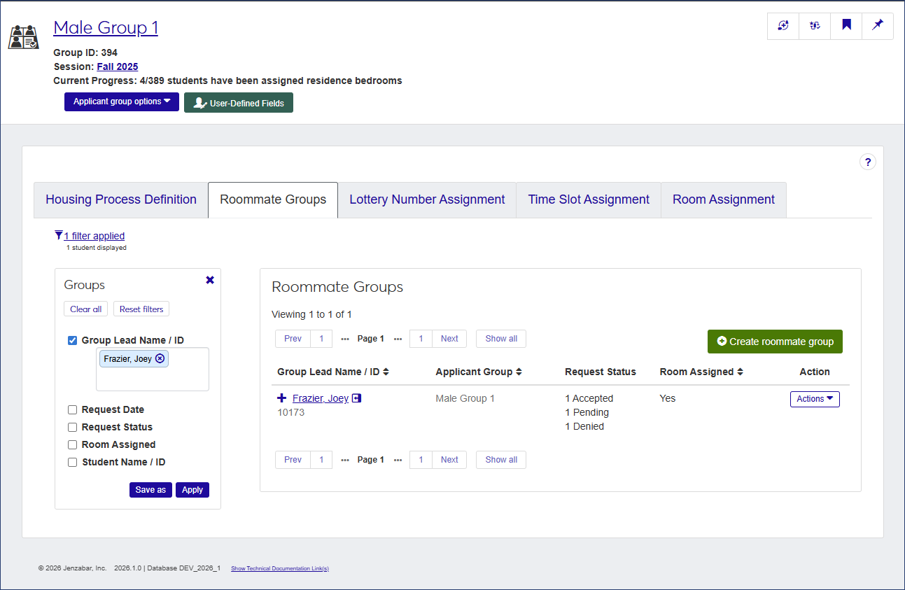 Roommate Groups tab accessed from Manage Housing Application and Assignment page