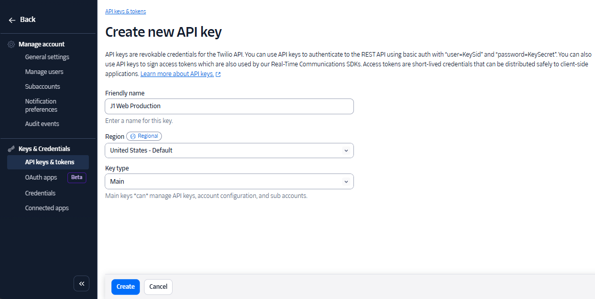 SendGrid setup, Create API Key page.