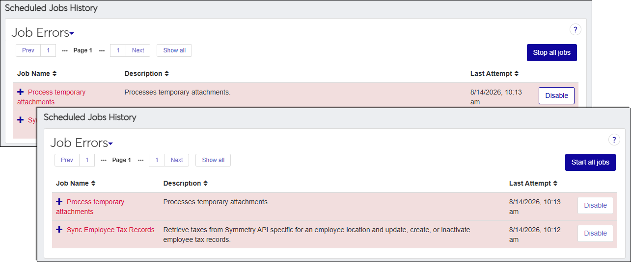 image shows the new Stop all jobs button on the Scheduled Jobs page