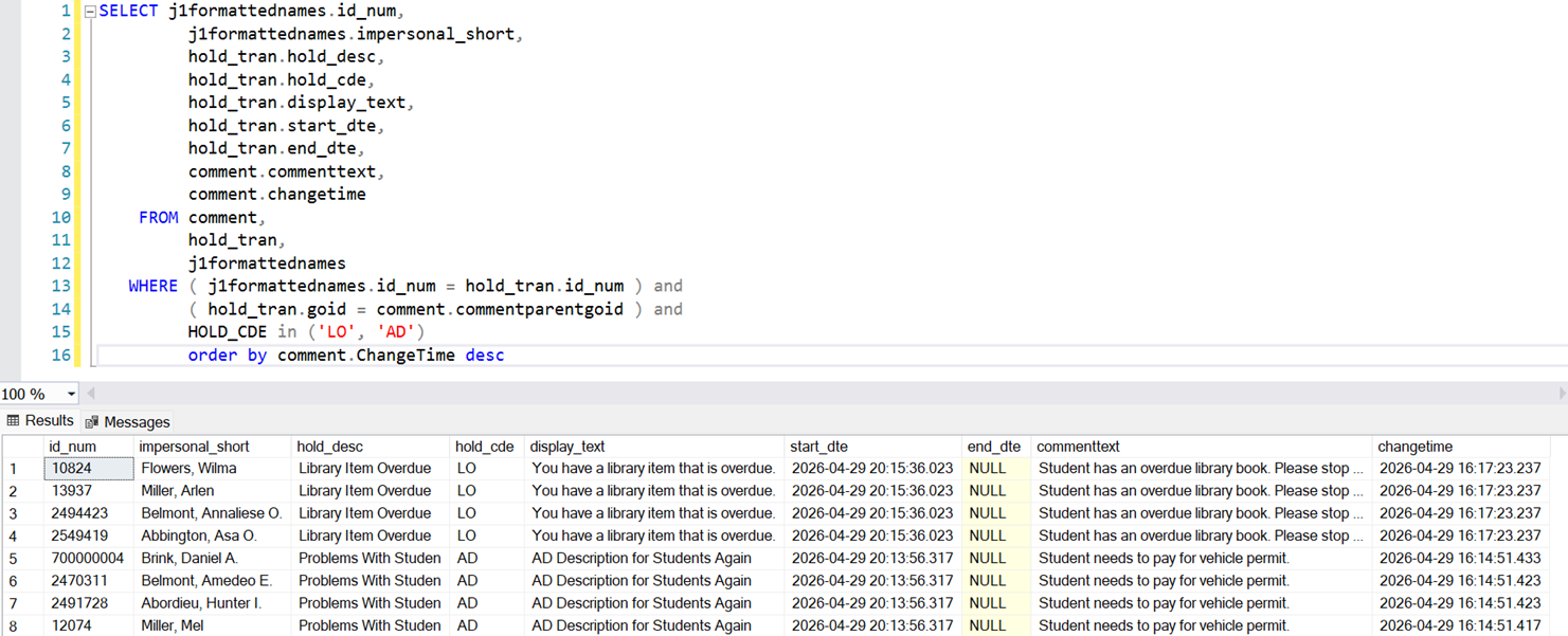 Sample SQL Server syntax used for the InfoMaker query to connect to a data set.
