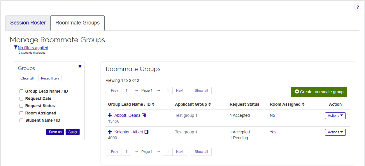 Manage Session Roster page - Roommate Groups tab