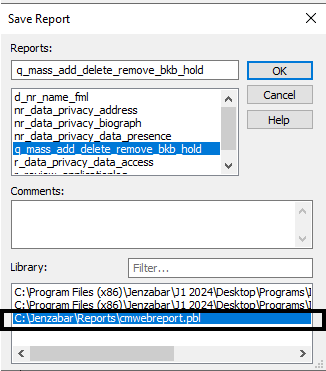 InfoMaker Save Report prompt focused on saving the report in the cmwebreport.pbl.