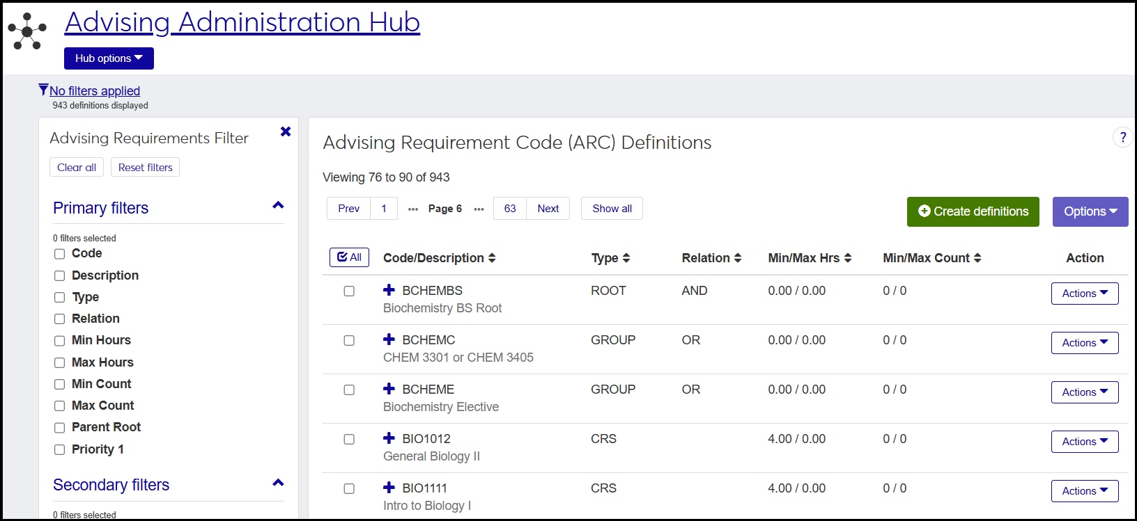 Advsing Requirement Code (ARC) Definitions page showing several definitions