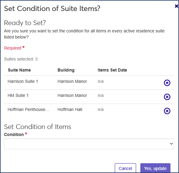 Set Condition of Suite Items pop-up for updating items in batch