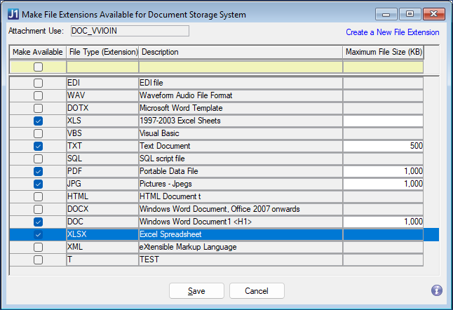 Make File Extensions Available for Document Storage System window