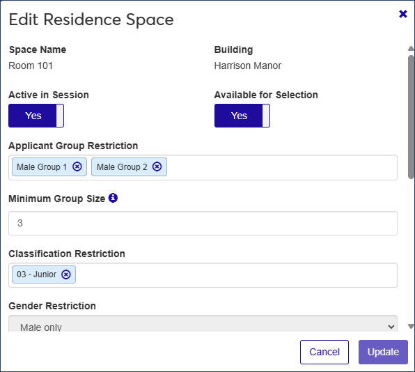 Edit Residence Space pop-up