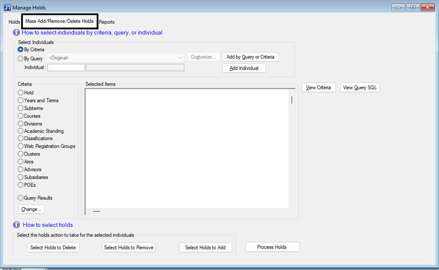J1 Desktop Manage Holds window with focus on the Mass Add/Remove/Delete Holds tab.