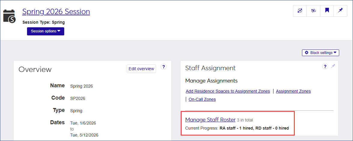 Session summary page with link to Manage Staff Roster page highlighted
