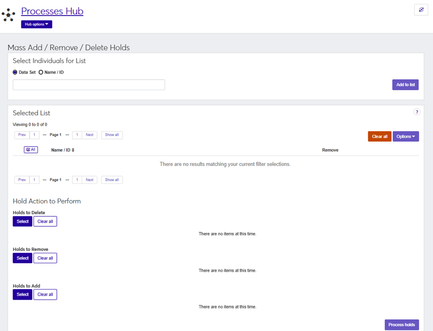 J1 Web Mass Add Remove Delete Holds page.