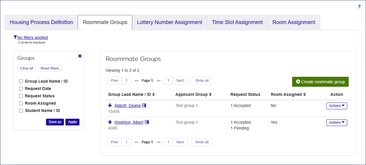 Manage Housing Application and Assignment page - Roommate Groups tab