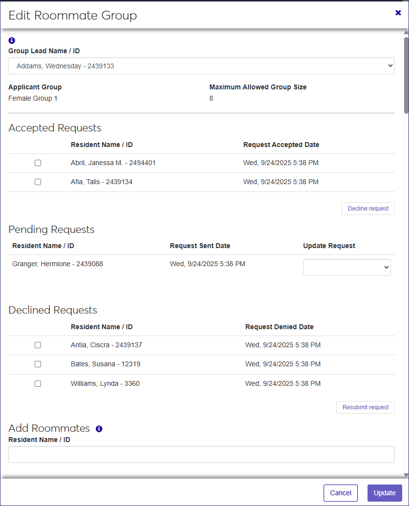 Edit Roommate Group window