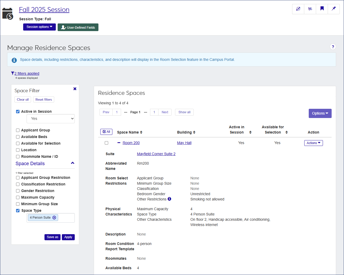Manage Residence Spaces page