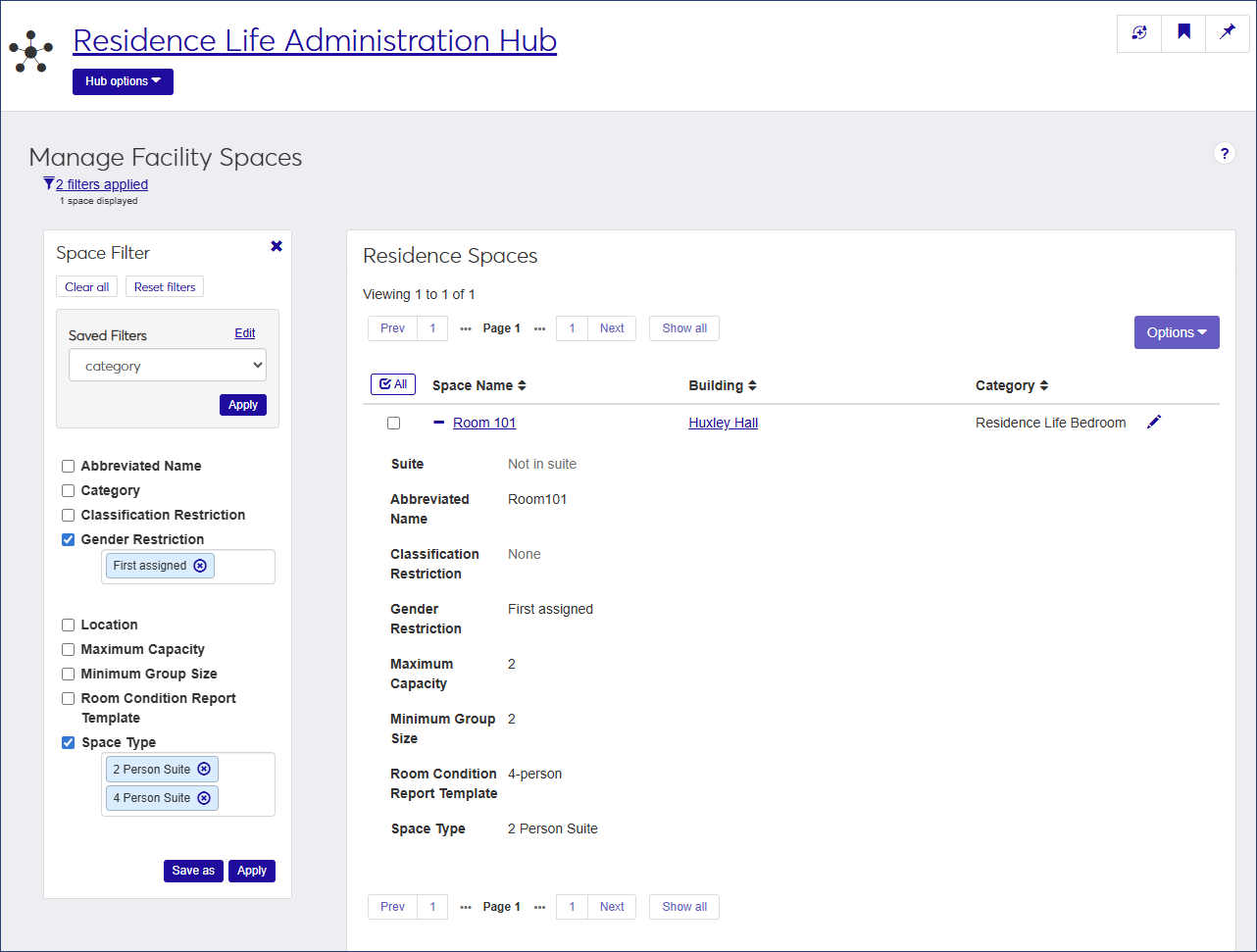 Manage Facility Spaces page