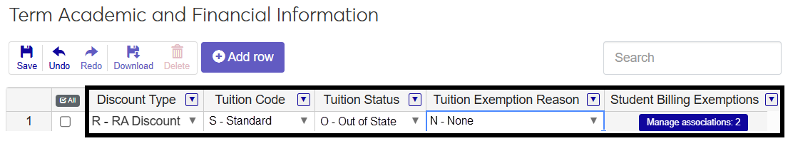 The Student Information Details page, Term Academic and Financial Information tab showing columns that can affect a student's bill: Discount Type, Tuition Code, Tuition Status, and Student Billing Exemptions