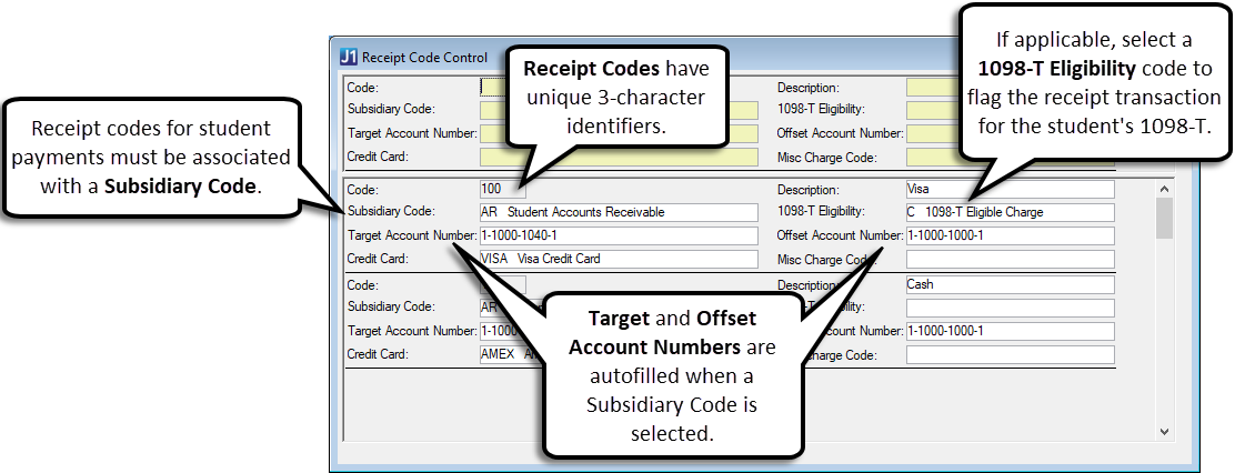 Desktop Receipt Code Control window.