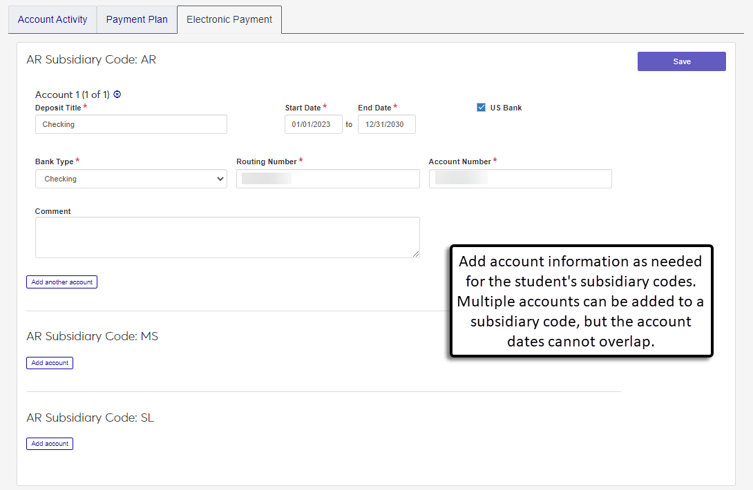 Student account details page, Electronic Payments tab.