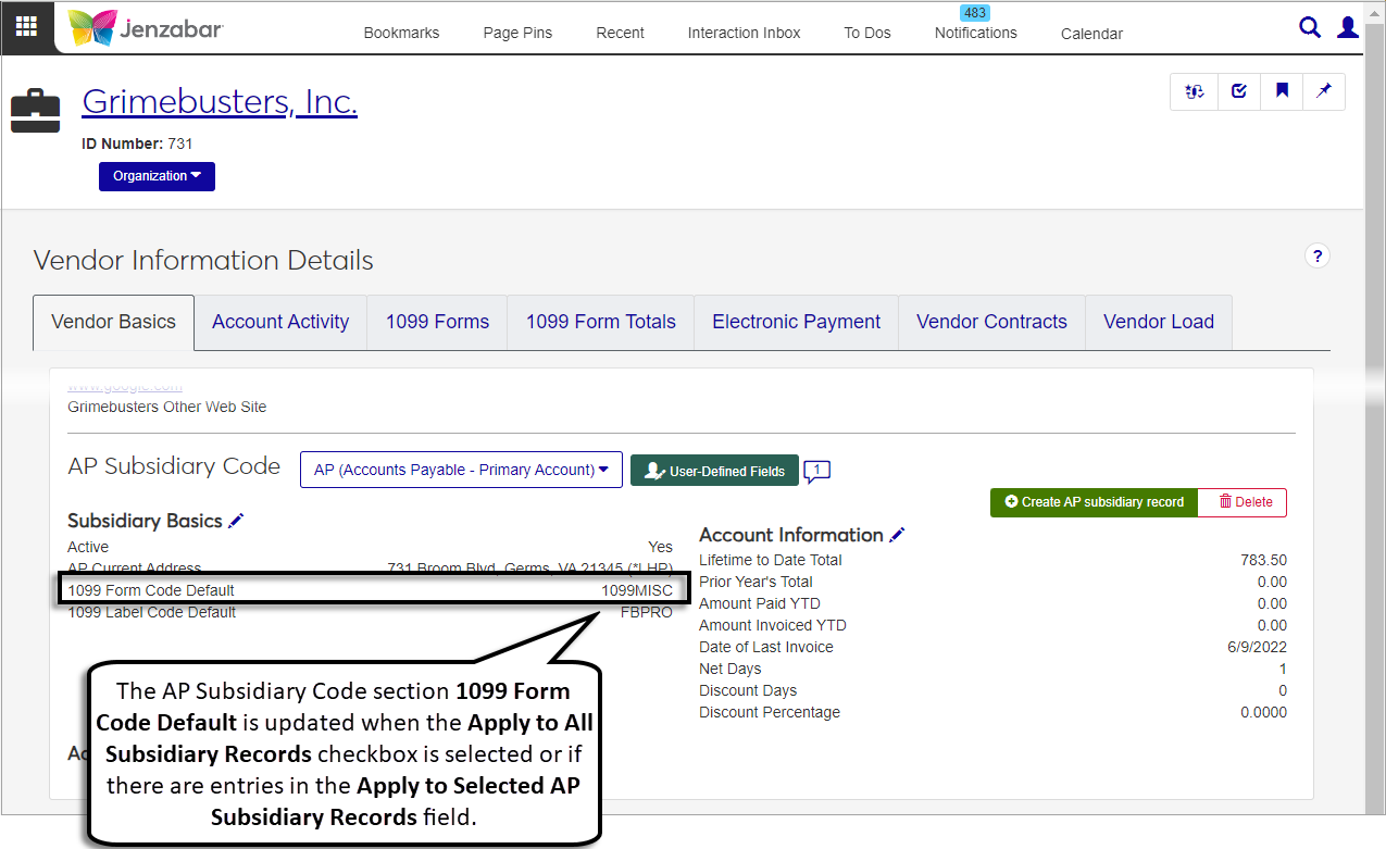 Vendor Information Details page, Vendor Basics tab, AP Subsidiary Code section with the 1099 Form Defaults fields.