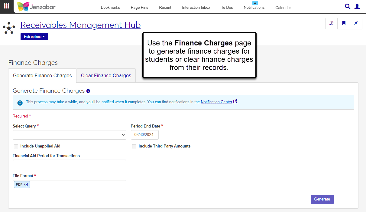 The Finance Charges page with separate tabs to generate finance charges or clear finance charges.