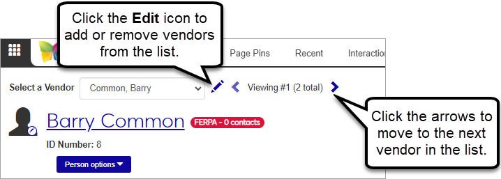 The top of the Vendor Information Details page with the options to click the left and right arrows to move to the next vendor or click the Edit icon to add or remove vendors from the list.