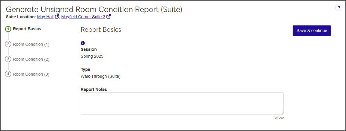 Generate Unsigned Room Condition Report (Suite) window