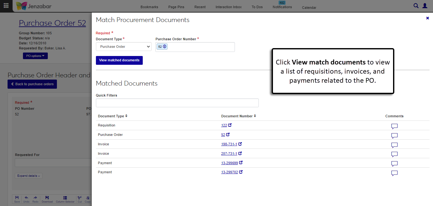 Purchase Order Header and Details page with the Match Procurement Documents pop-up open.