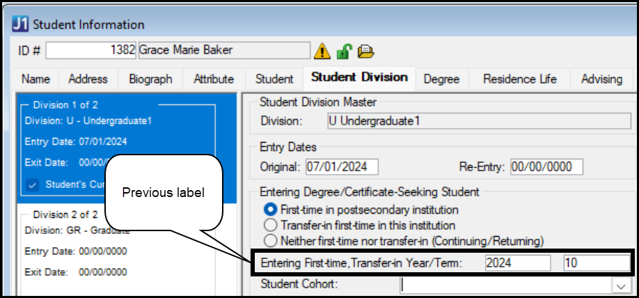 Student Information window, Student Division tab showing the old label: Entering First-time, Transfer-in Year/Term