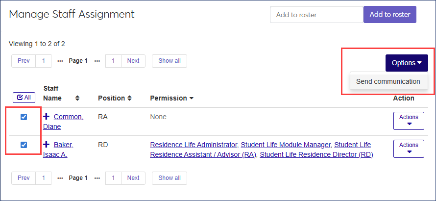 Manage Staff Roster page - email staff